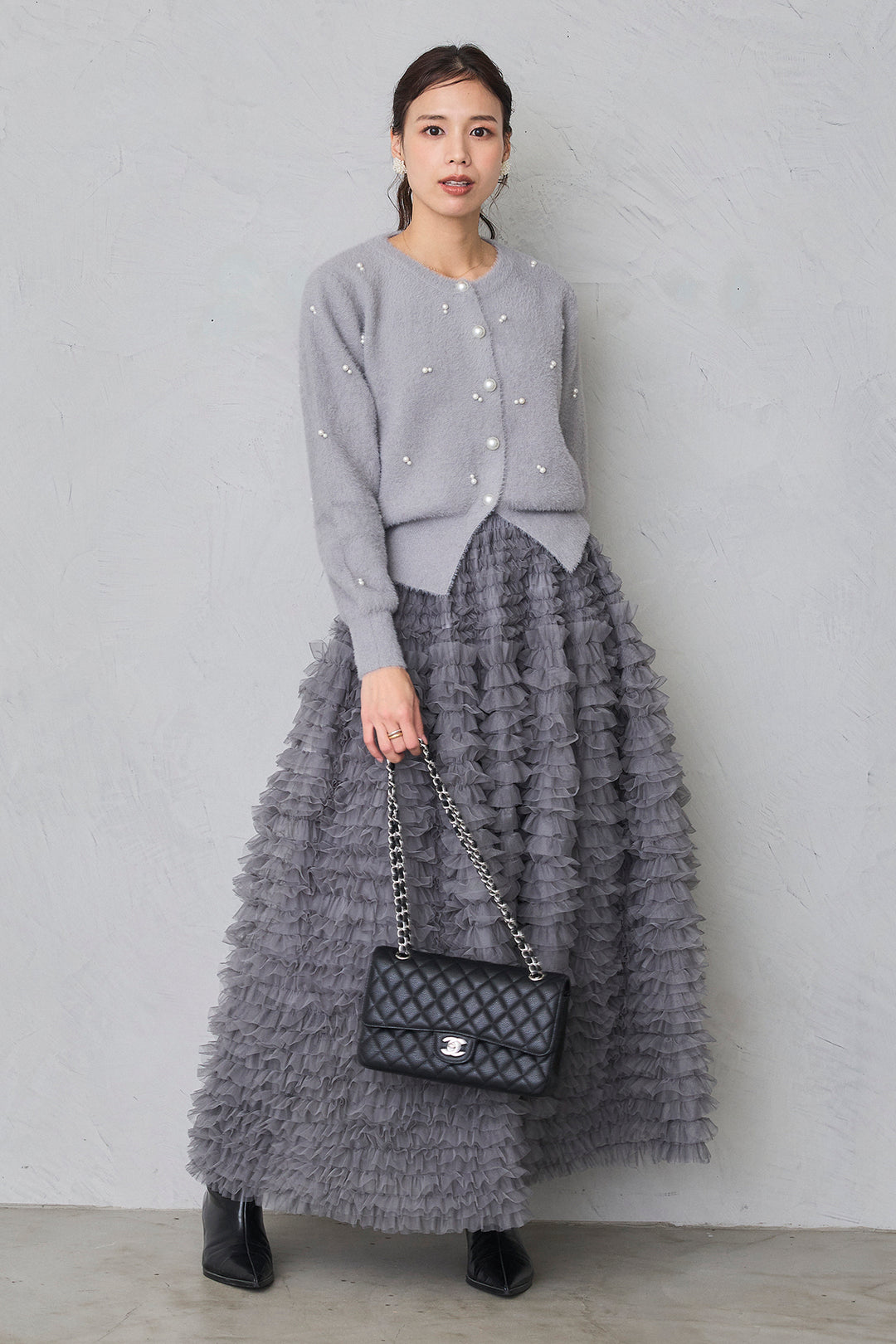 [予約/SET]ミックスパールシャギーコーディガン+ホイップチュールティアードスカート(2set)
