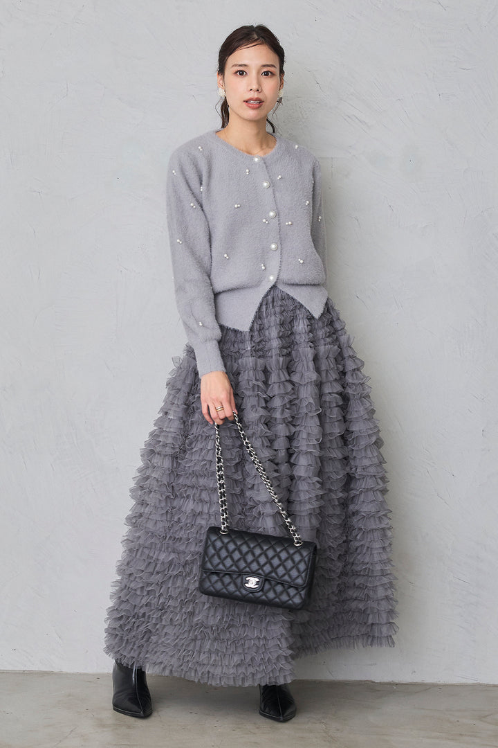 [予約/SET]ミックスパールシャギーコーディガン+ホイップチュールティアードスカート(2set)