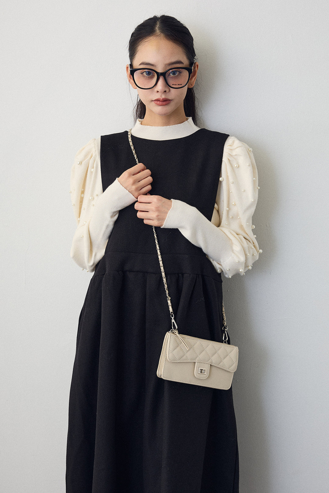 [予約/SET]パフスリーブランダムパールニット+バックリボンボックスシルエットジャンスカ(2set)