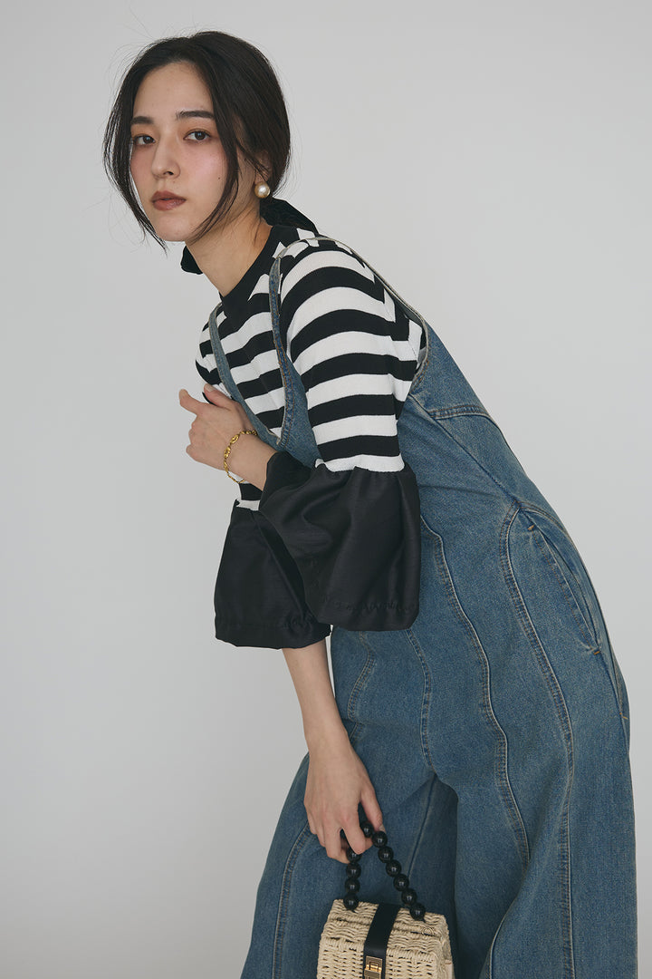 [予約/SET]タックフレア異素材ドッキングニットPO+美ラインデニムサロペット(2set)