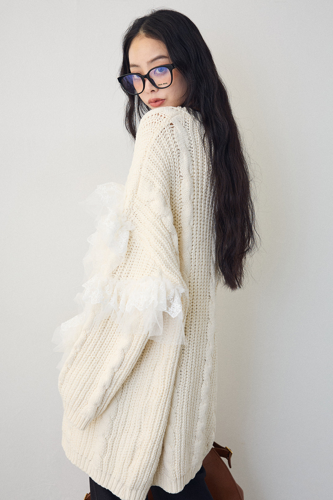 [予約/SET]ラッフルレースドッキングニットBIGカーデ+タックテーパードパンツ(2set)