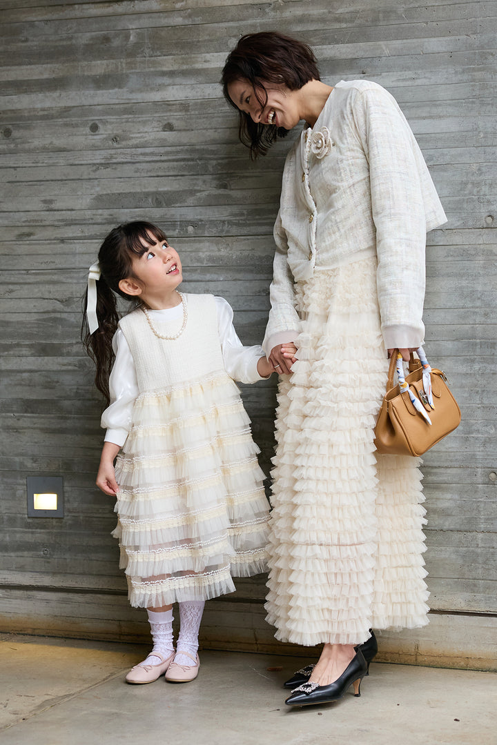 [予約/親子SET][kids]ティアードプリーツパールワンピセット+ツイード×チュールレイヤードクロップドジャケット+ホイップチュールティアードスカート(3set)