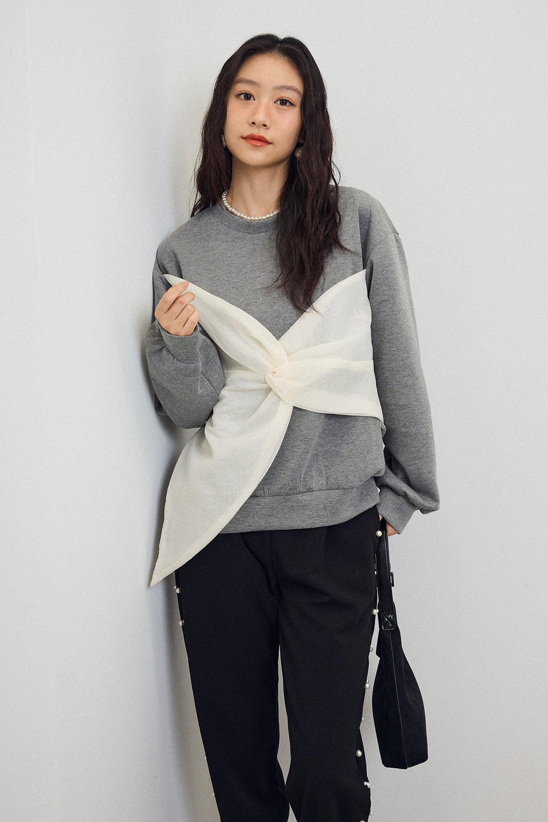 [予約/SET]オーガンジーBIGリボンプルオーバー+サイドパール裾タックジョガーパンツ(2set)