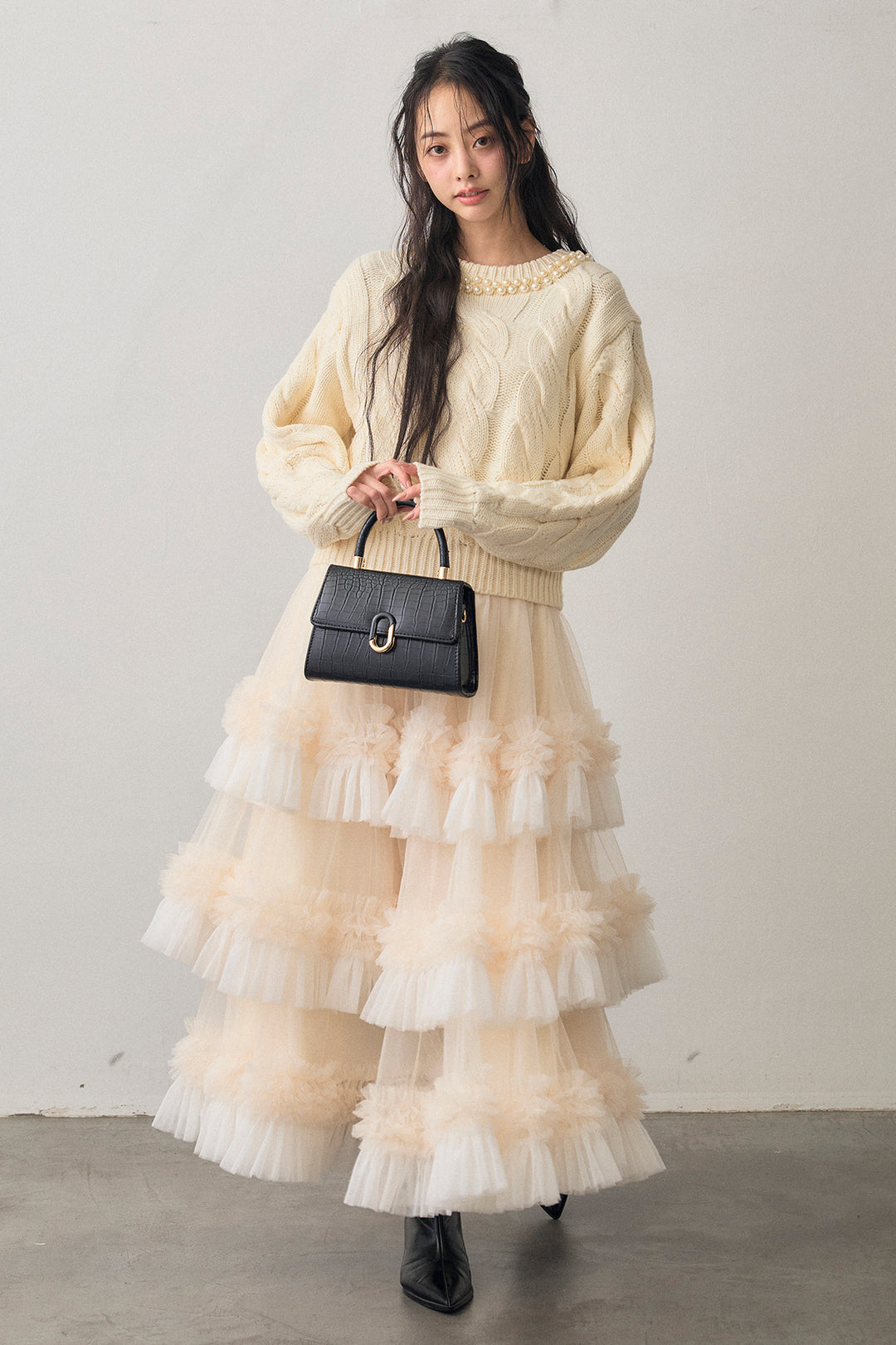 [予約/SET]ネックパールケーブル編みニット+配色フリルティアードロマンティックスカート(2set)