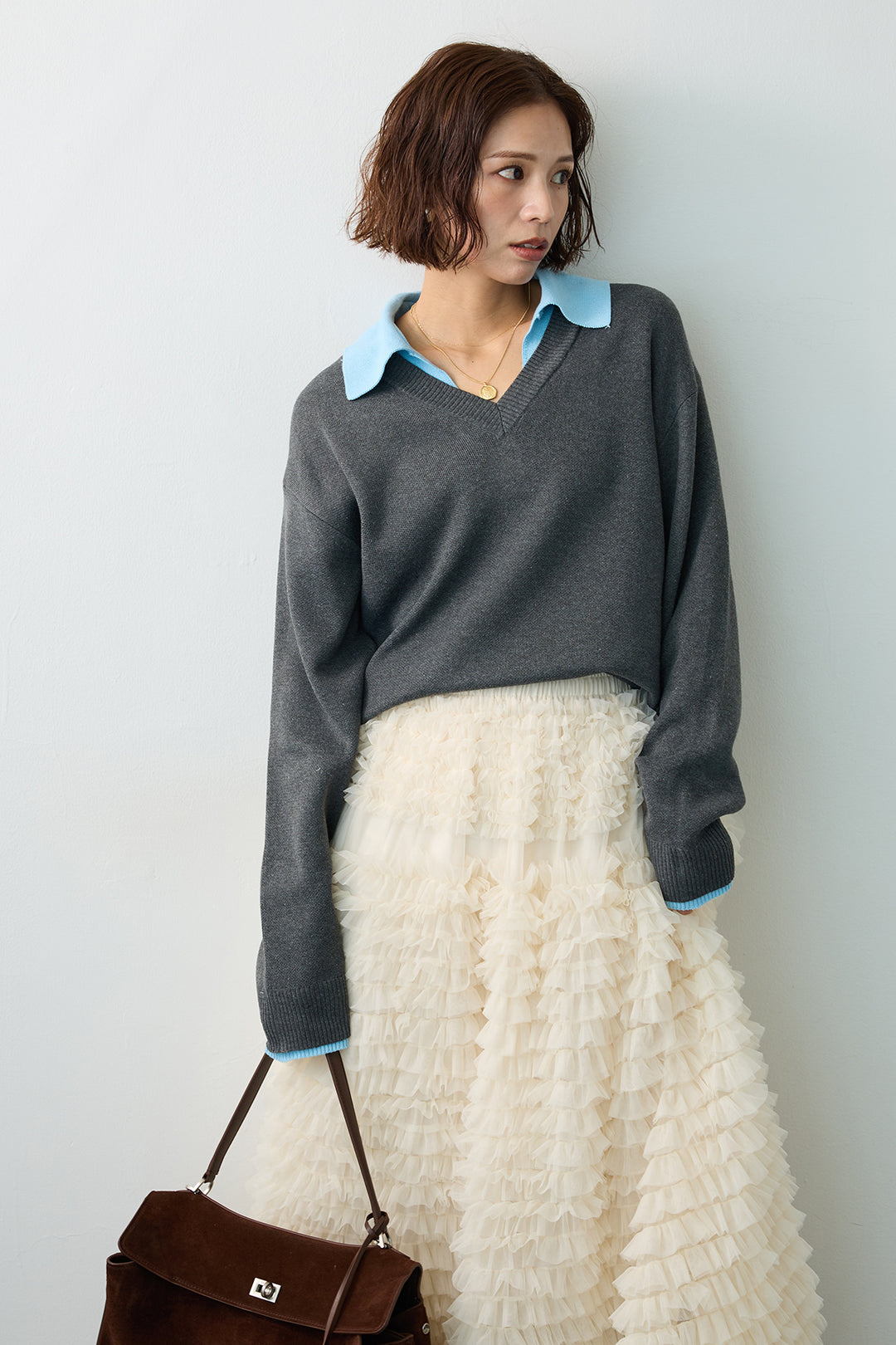 [予約/SET]配色襟レイヤード風ニット+ホイップチュールティアードスカート(2set)