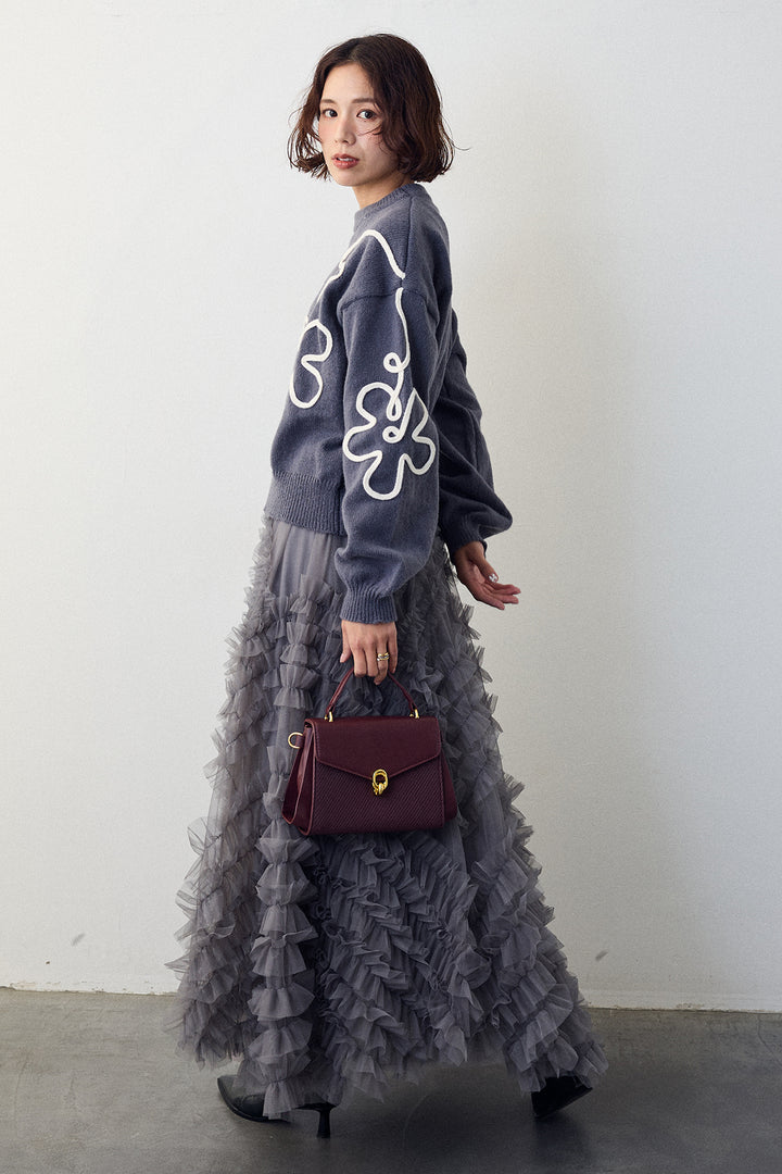 [予約/SET]コードフラワーニットプルオーバー+スフレアシメチュールスカート(2set)
