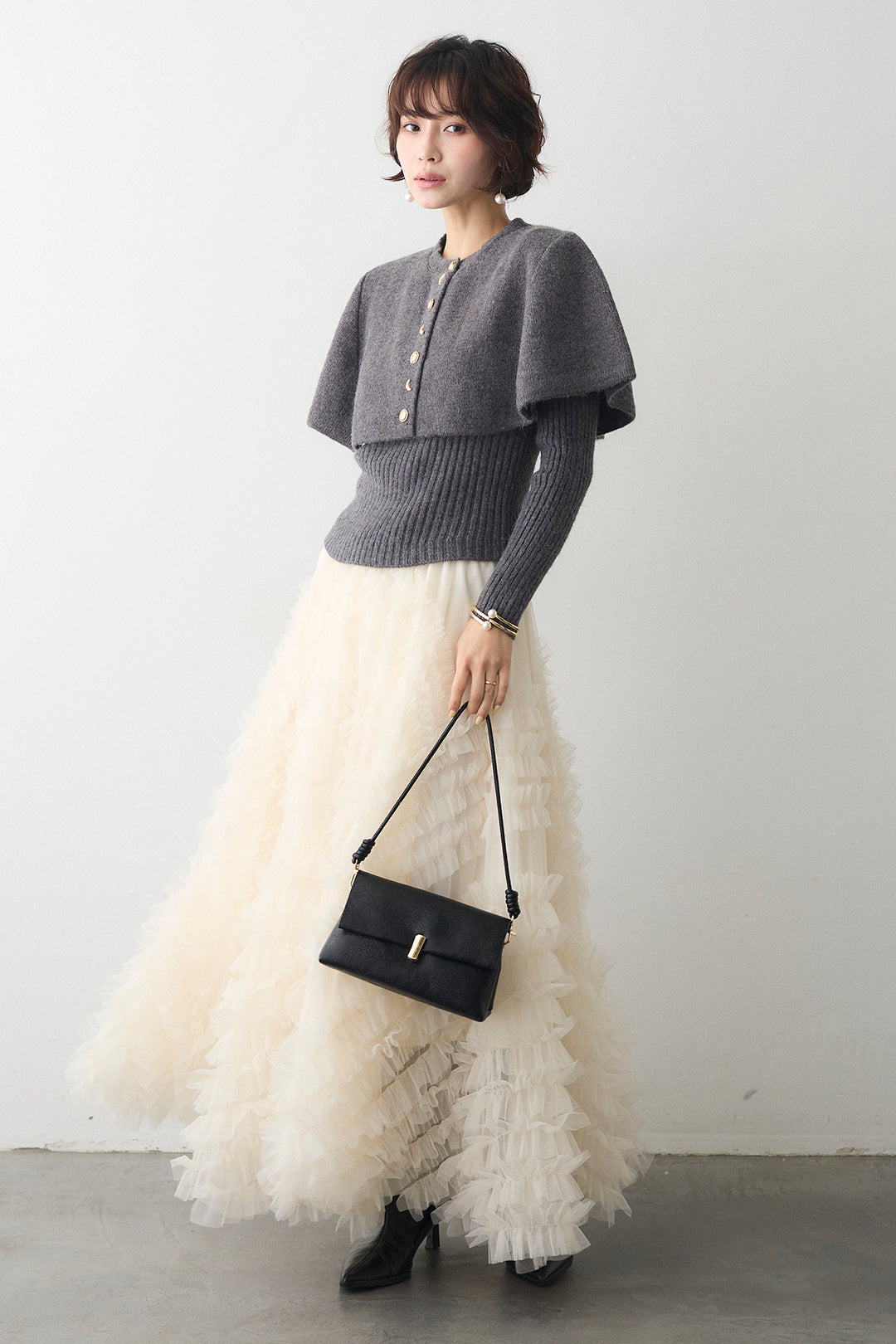 [予約/SET]ミックス釦ケープ2wayニット+スフレアシメチュールスカート(2set)