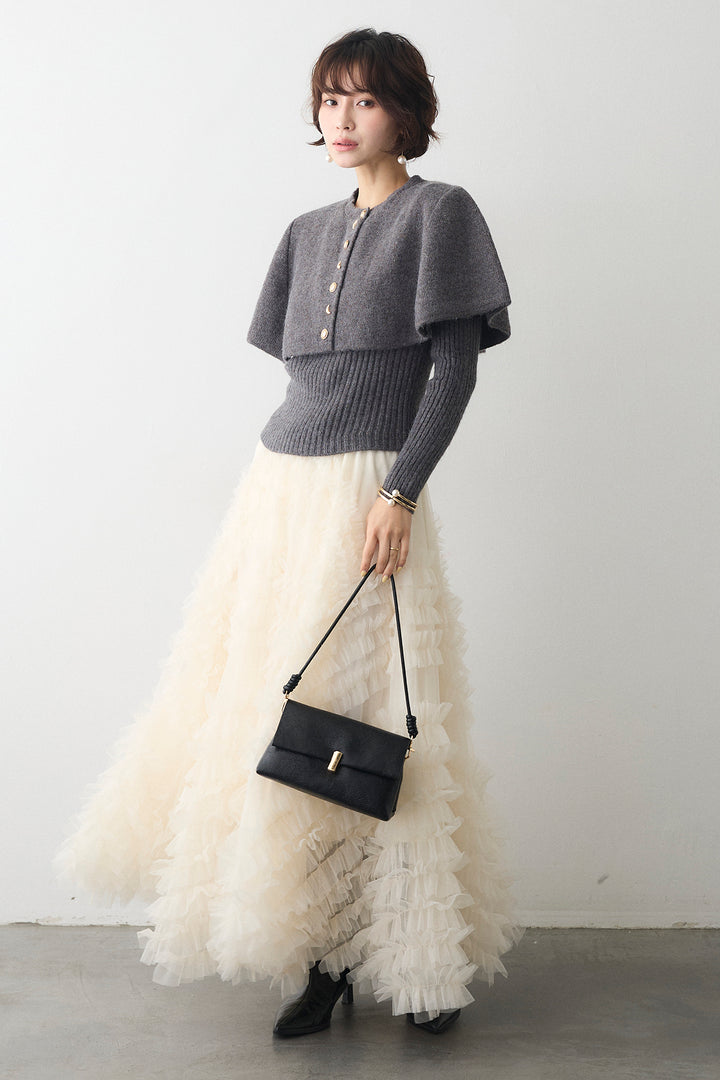 [予約/SET]ミックス釦ケープ2wayニット+スフレアシメチュールスカート(2set)