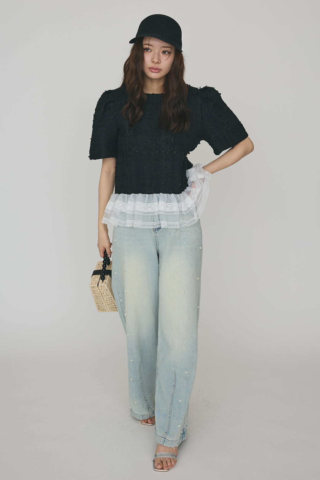 [予約/SET]サマーツイード異素材ドッキングトップス+パールラインストーンハイウエストデニム(2set)