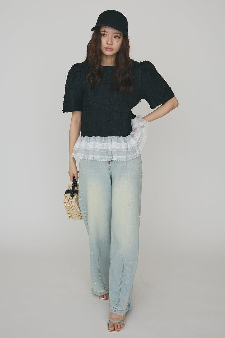 [予約/SET]サマーツイード異素材ドッキングトップス+パールラインストーンハイウエストデニム(2set)