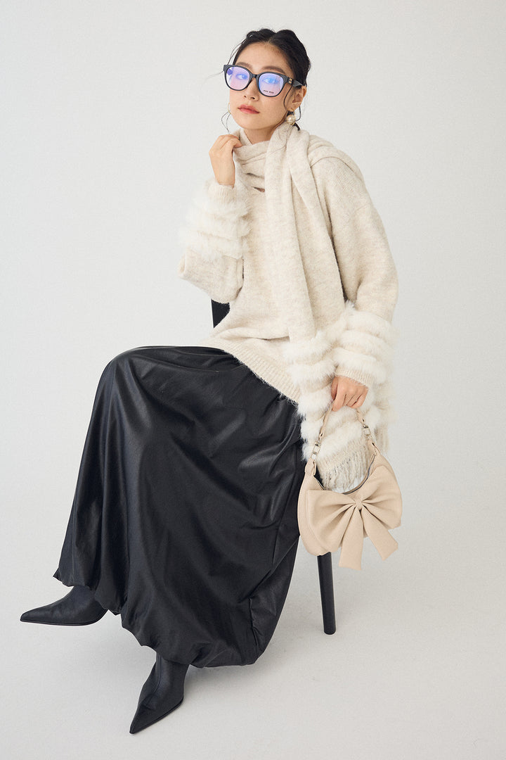 [予約/SET]マフラー付きファーラインデザインニットカーデ+レザーライクバルーンスカート(2set)