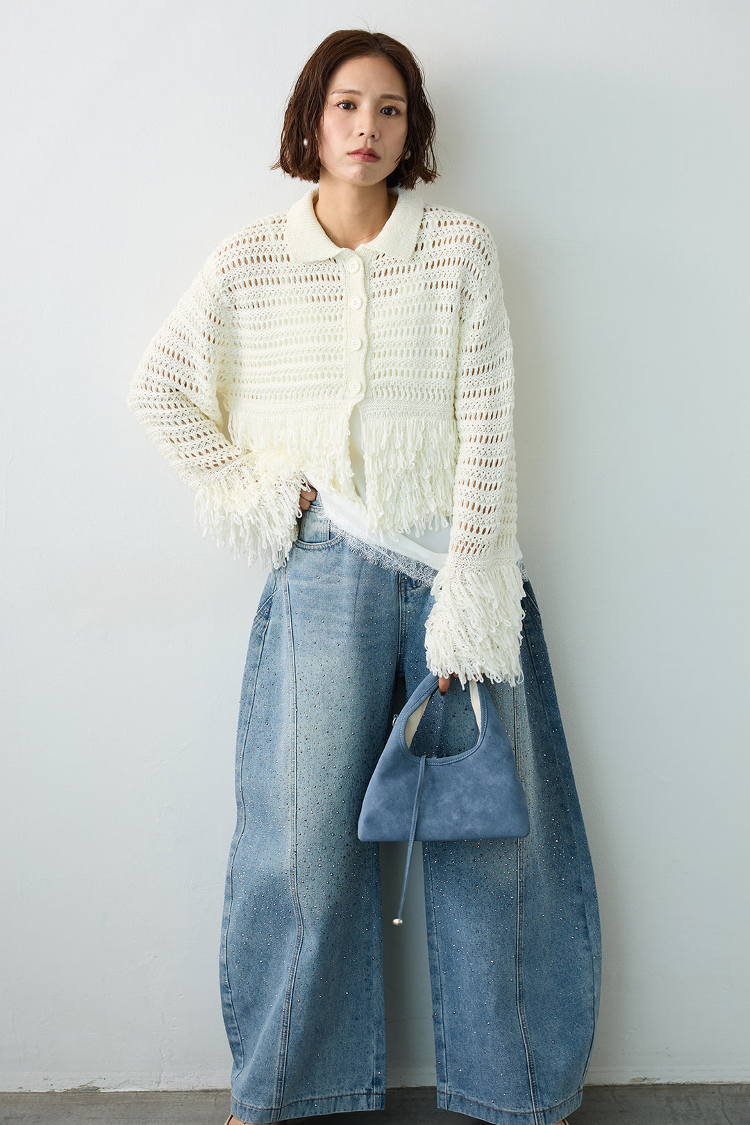 [予約/SET]メッシュフリンジクロップドニット+スパークルラインストーンカーブデニム(2set)