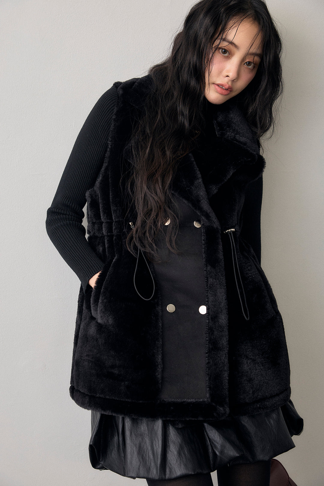 [予約/SET]テディボアウエストドロストベスト+フェイクレザーティアードバルーンミニスカート(2set)