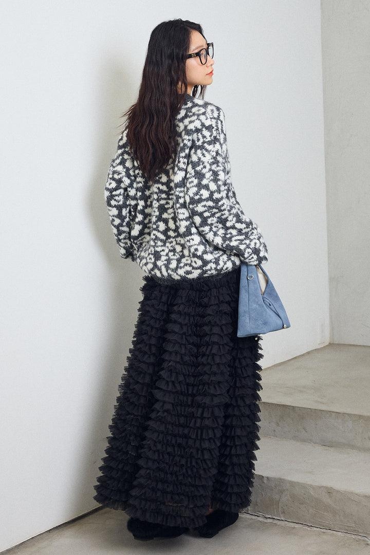 [予約/SET]レオパードクルーネックニットプルオーバー+ホイップチュールティアードスカート(2set)