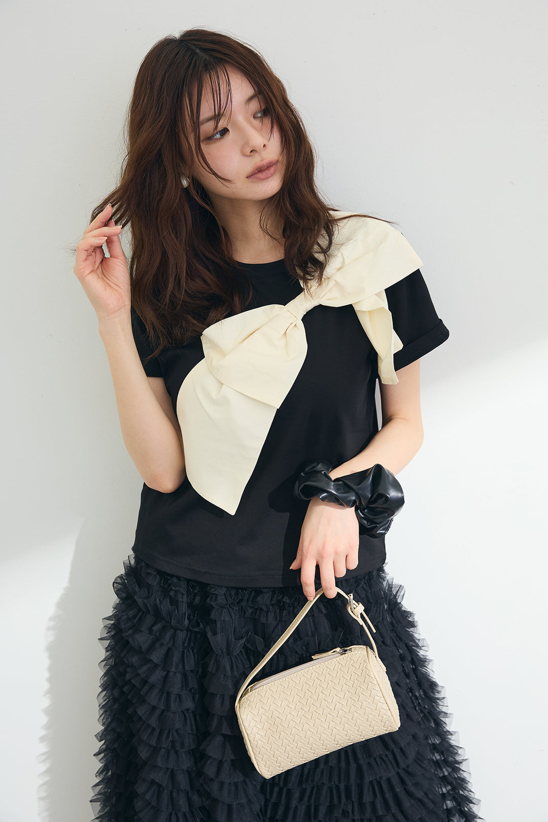 [予約/SET]ショルダーリボンポイントTシャツ+ホイップチュールティアードスカート(2set)
