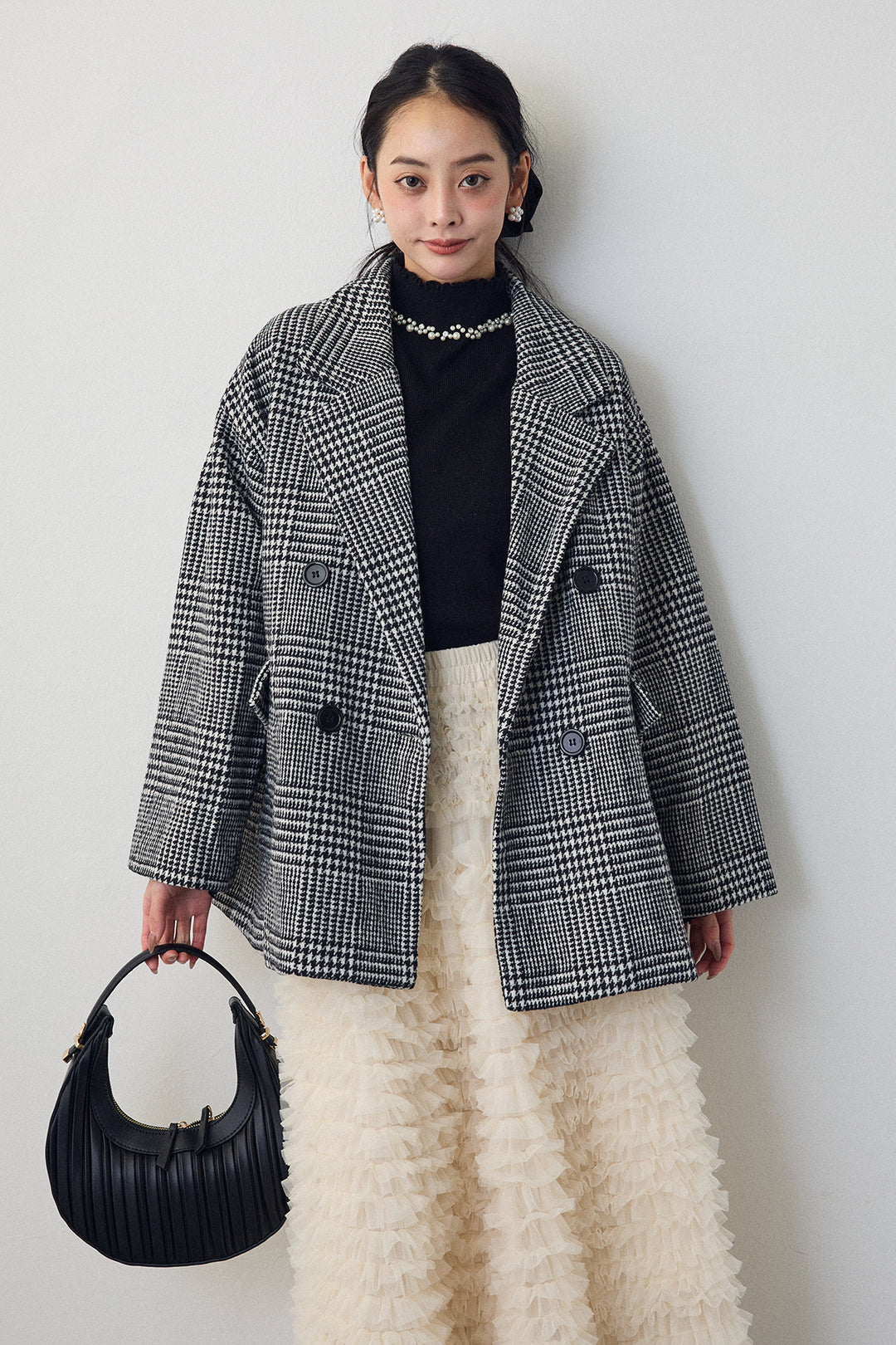 [予約/SET]チェック柄ボクシーコート+ホイップチュールティアードスカート(2set)