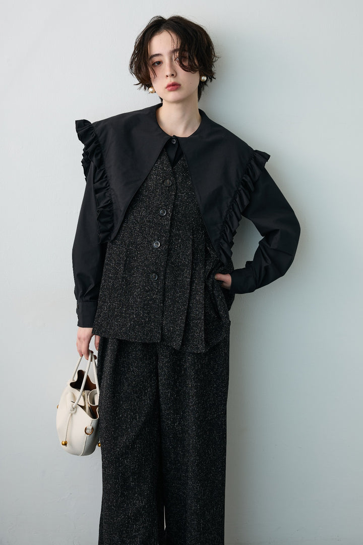 [予約/SET]BIGフリルデザインシャツ+サマーツイードボックスプリーツベスト+サマーツイードウエストラインタックパンツ(3set)