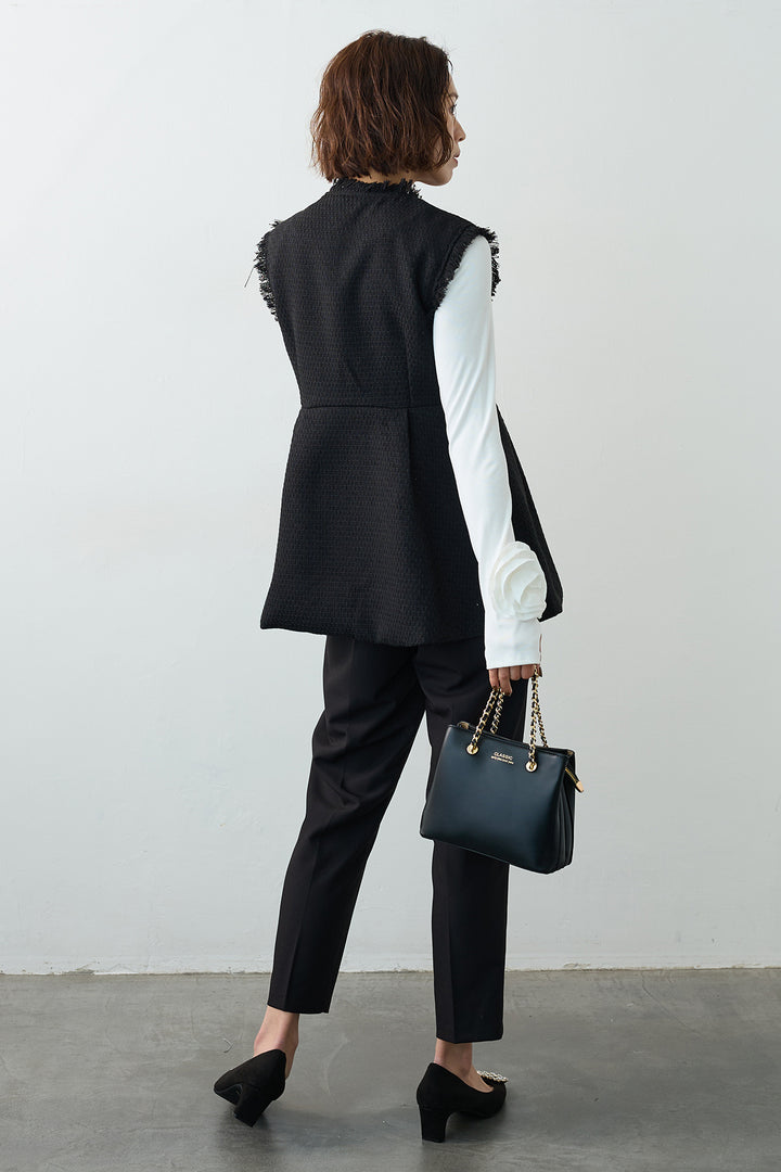 [予約/SET]フラワーモチーフポイントカットトップス+ツイードペプラム美フォルムジレ+タックテーパードパンツ(3set)