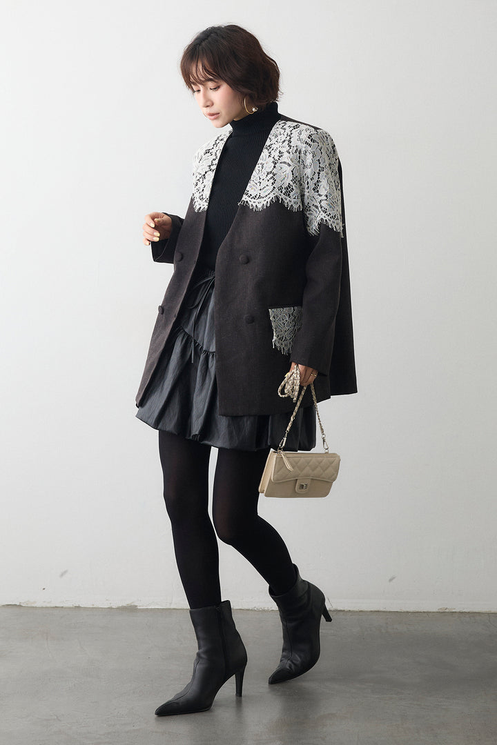 [予約/SET]ショルダーレースデザインジャケット+フェイクレザーティアードバルーンミニスカート(2set)