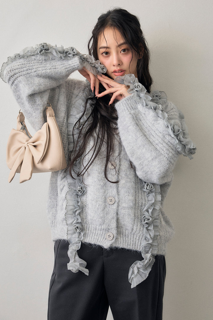 [予約/SET]フリルローズドッキングニットカーデ+ウォームセンタープレス美ラインテーパードパンツ(2set)