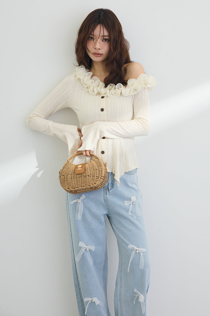 [予約/SET]フリルモチーフアシメオフショルフレアトップス+メニーリボン美ラインデニムパンツ(2set)