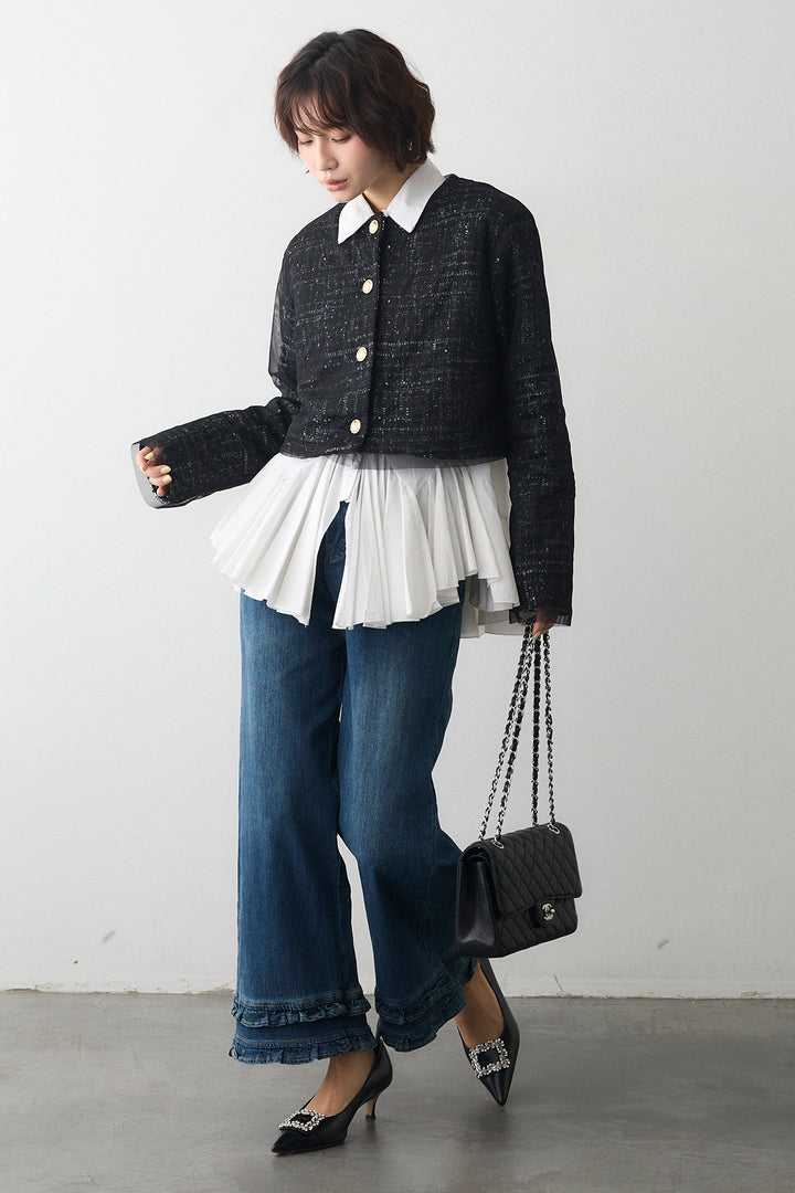 [予約/SET]パネルフレアヘムシャツ+ツイード×チュールレイヤードクロップドジャケット(2set)