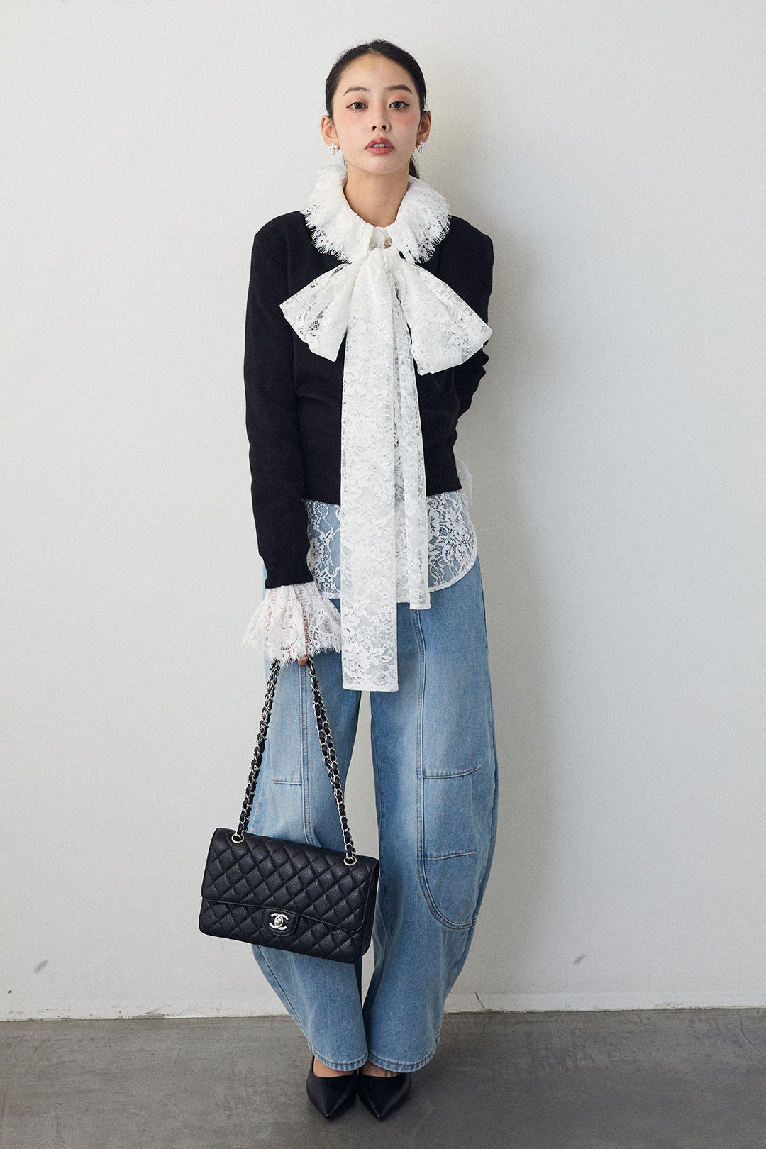 [予約/SET]クラシカルレースボウタイブラウス+カシュクールデザインニット(2set)