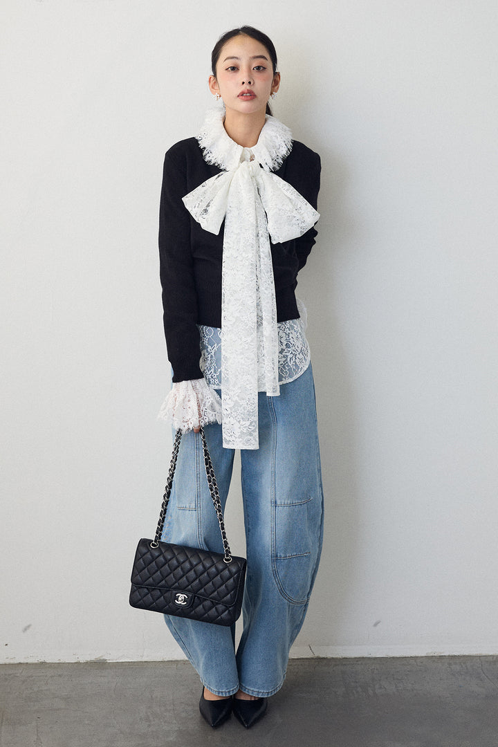 [予約/SET]クラシカルレースボウタイブラウス+カシュクールデザインニット(2set)