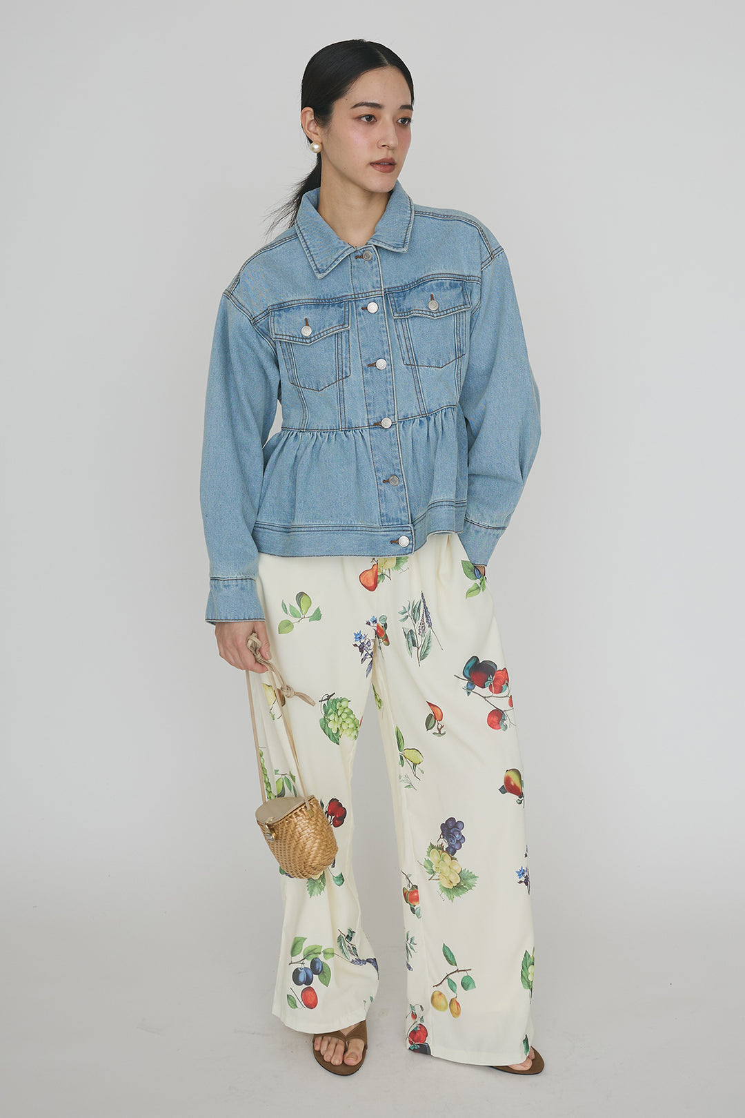 [予約/SET]ペプラムデニムジャケット+フルーツパターンストレートパンツ(2set)
