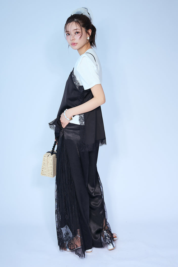 [予約/SET]スクエアショルダーデザインカットトップス+マットサテンレースキャミソール+サイドレースデザインリラックスパンツ(3set)