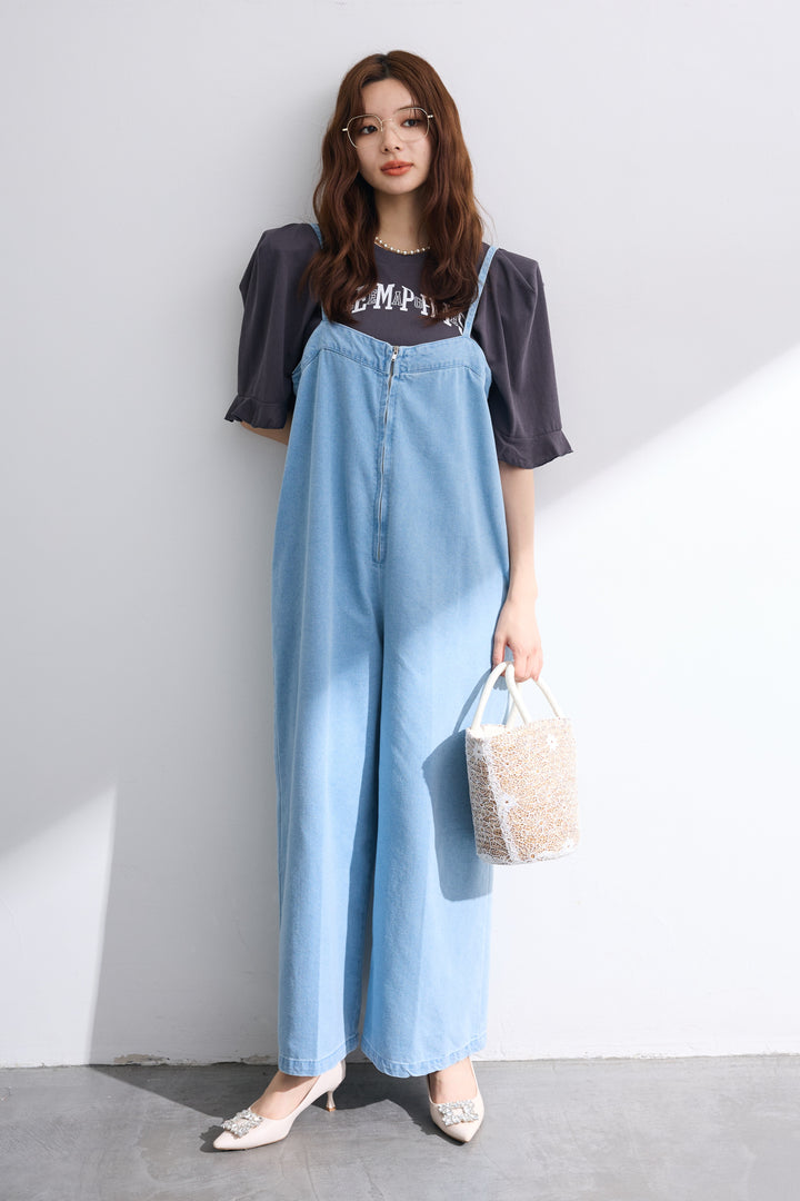 [予約/SET]ロゴパフスリーブデザインTシャツ+フロントZIPデニムサロペ(2set)