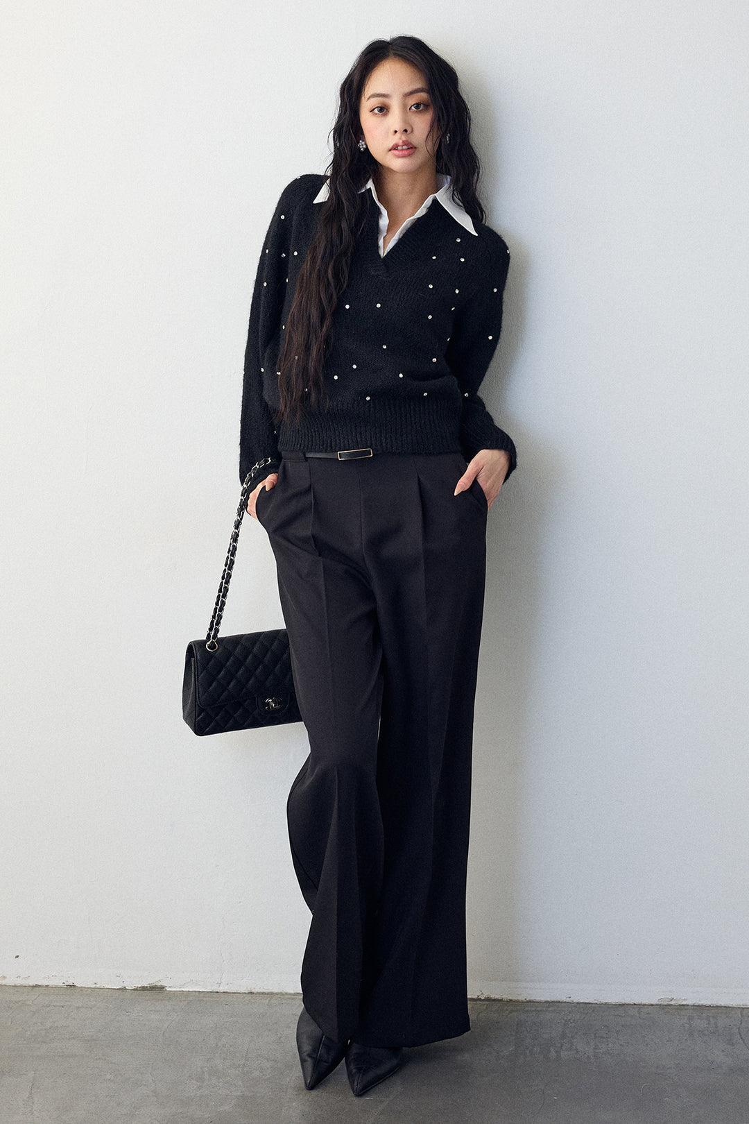 [予約/SET]シャツ襟ラインストーンニットPO+ポイントベルトセットストレートワイドパンツ(2set)