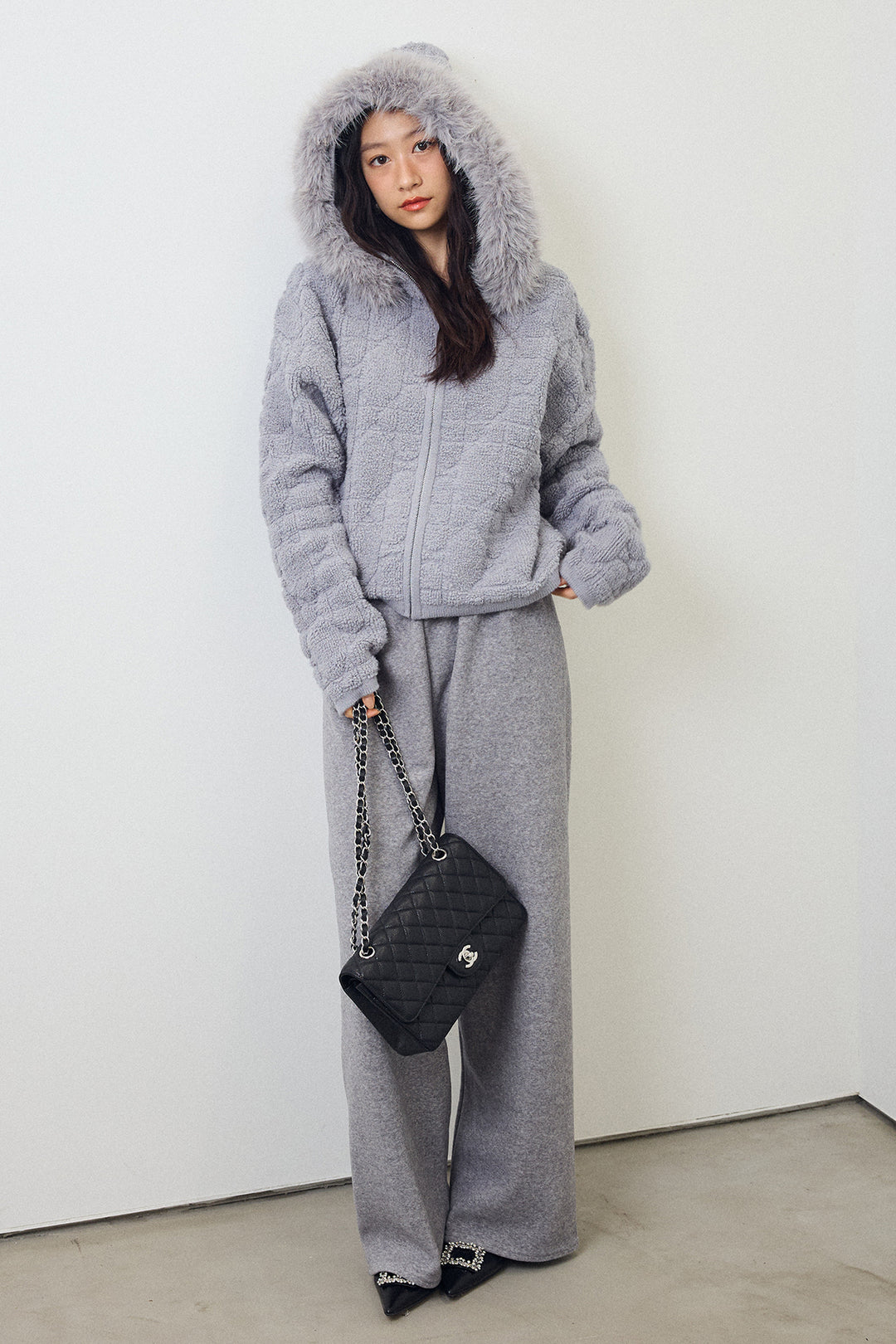 [予約/SET]フードファーキルトZIPニットブルゾン+ウォームタッチイージーパンツ(2set)