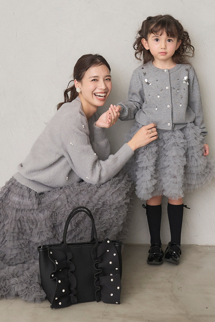 [予約/親子SET]ミックスパールシャギーコーディガン+ホイップチュールティアードスカート+[kids]刺繍ビースニットカーデ＋ホイップチュールスカートセット(3set)