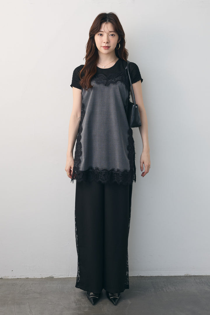 [予約/SET]サイドレースチェックキャミソール+バックツイストフレンチスリーブトップス+サイドレース切替ワイドパンツ(3set)