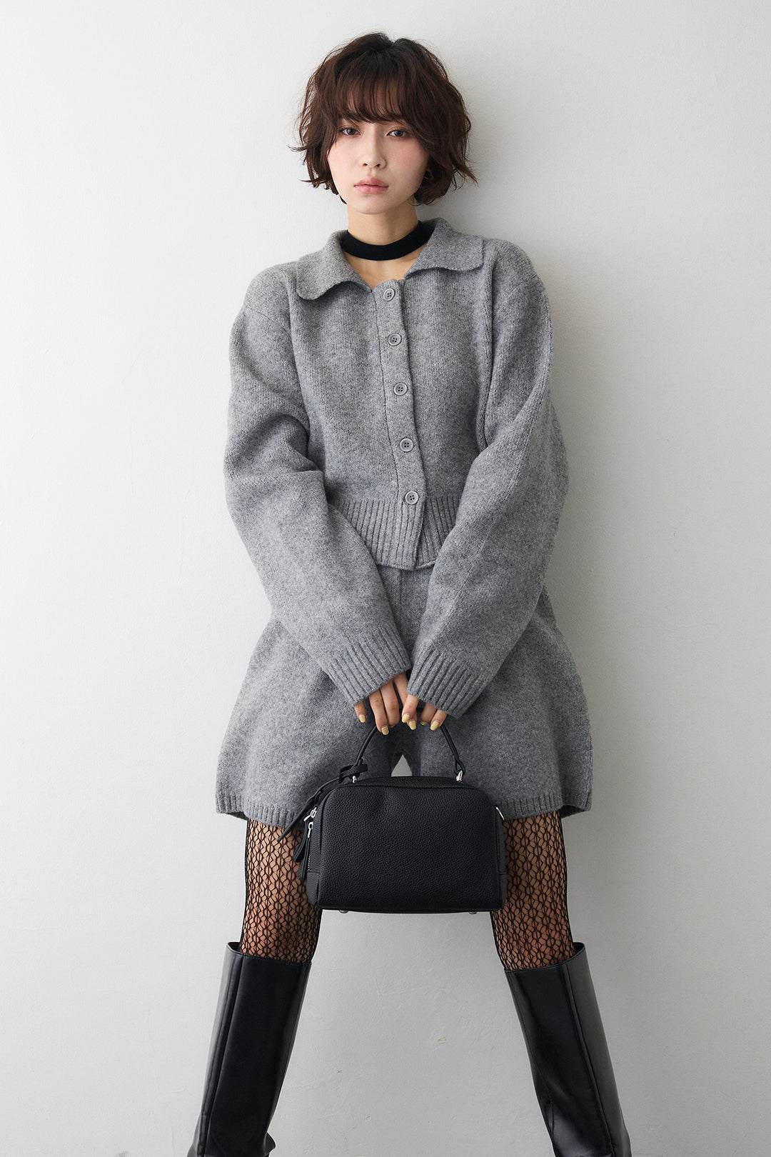 [予約]メランジニットポロ襟クロップドカーデ