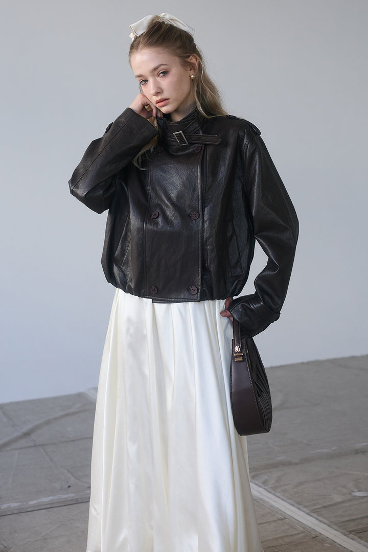 [予約/SET]レザーライククロップドジャケット+サテンシャイニーバルーンスカート(2set)