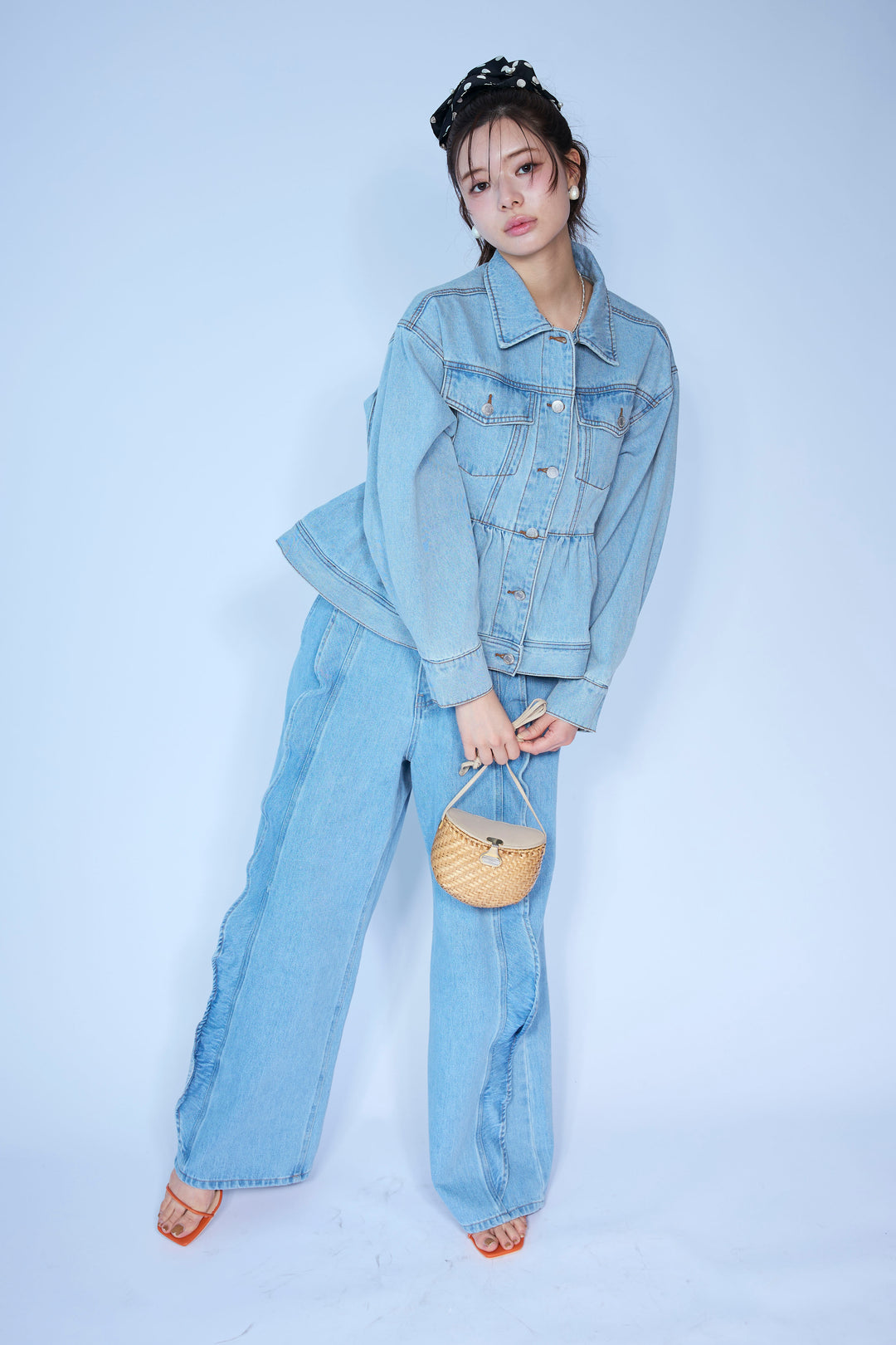 [予約/SET]ペプラムデニムジャケット+フリルウェーブデニムパンツ(2set)