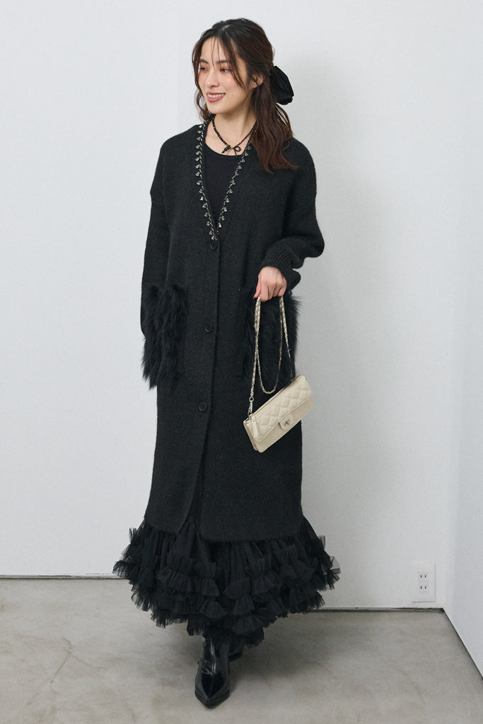 [予約]ファーポケットロングニットカーデ