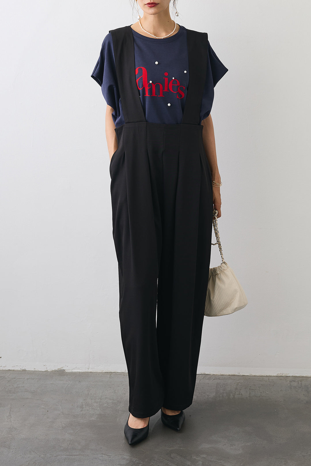 [予約/SET]パール+ロゴボックスTシャツ+ハイウエストサロペット(2set)