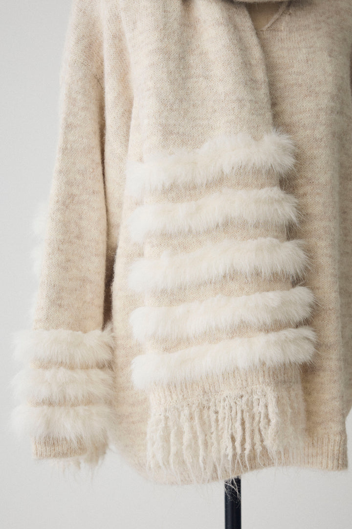 [予約]マフラー付きファーラインデザインニットカーデ