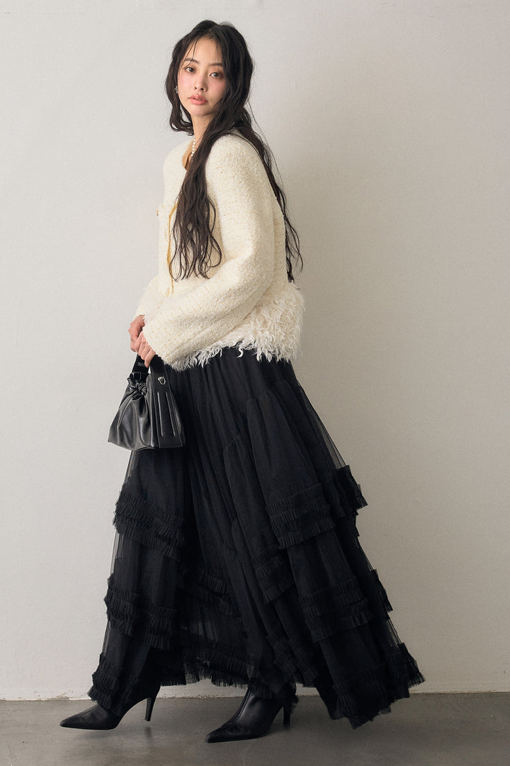 [予約/SET]中綿ツイードロングファードッキングジャケット+フェアリードレープチュールスカート(2set)