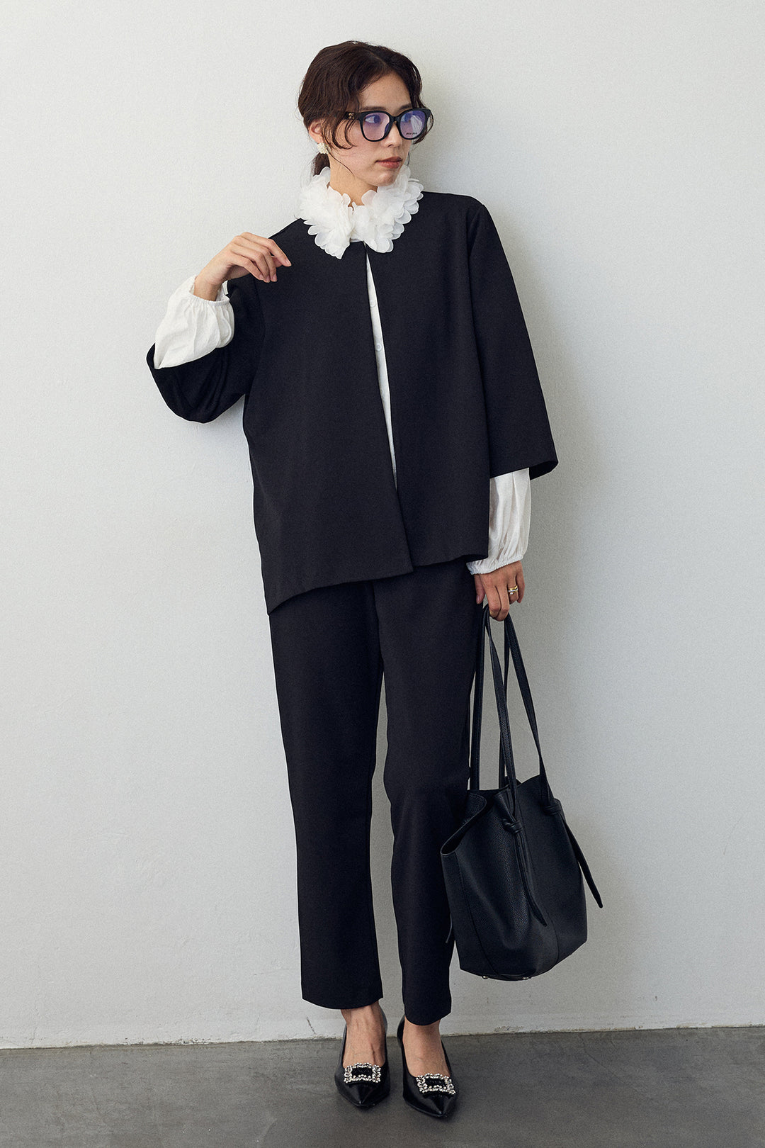 [予約/SET]フラワーフリルネックブラウス+ノーカラージョーゼットセットアップ(2set)