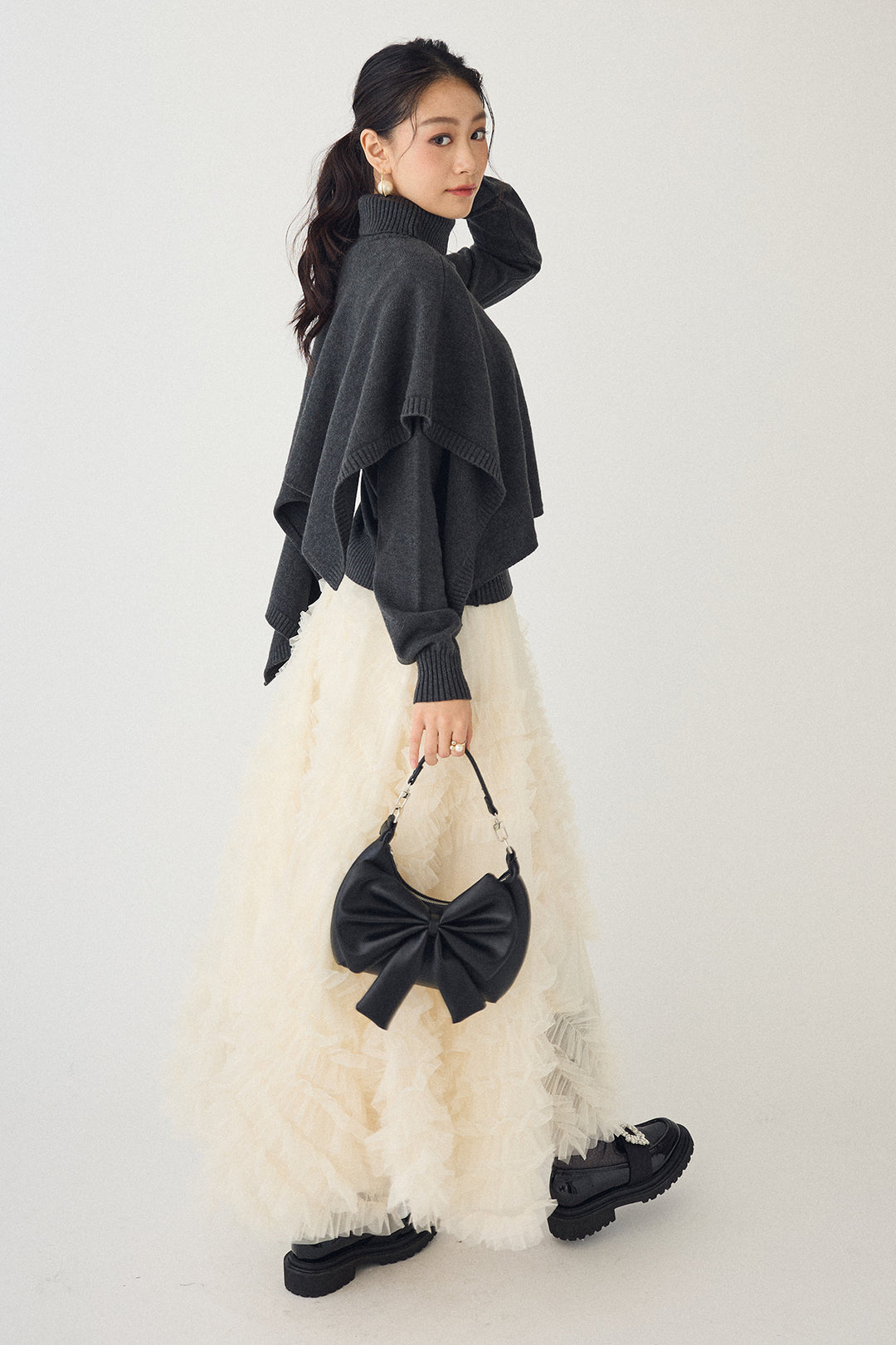 [予約/SET]アシメケープ2wayニット+スフレアシメチュールスカート(2set)