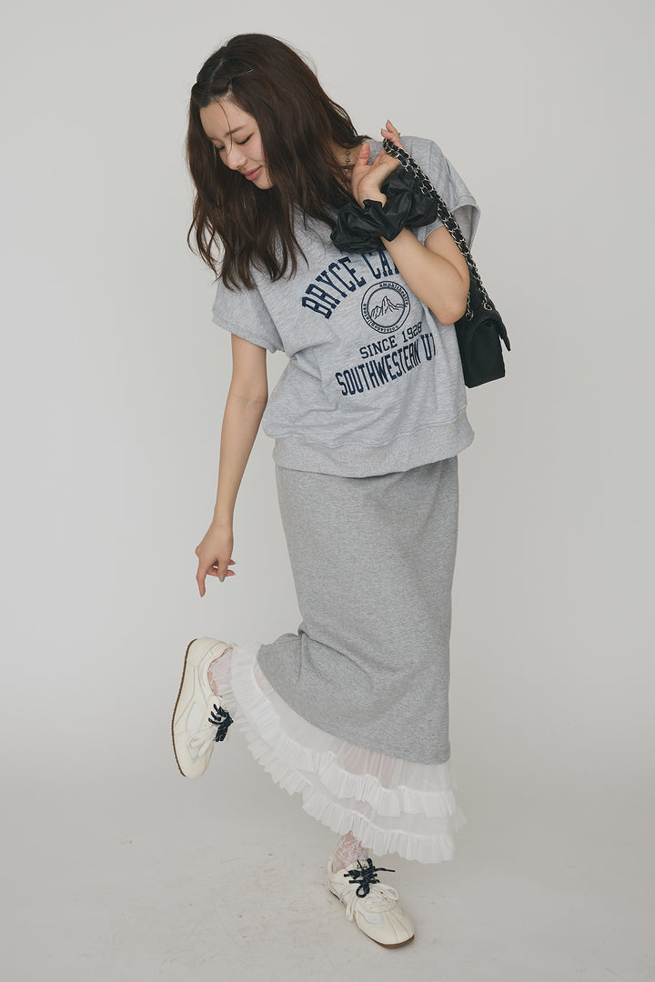 [予約/SET]ロゴ刺繍デザインリブカットT+フリルヘムスウェットスリットスカート(2set)