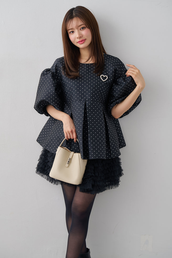 [予約/SET]ハートブローチ付ドットジャガードブラウス+ホイップチュールミニ丈スカート(2set)