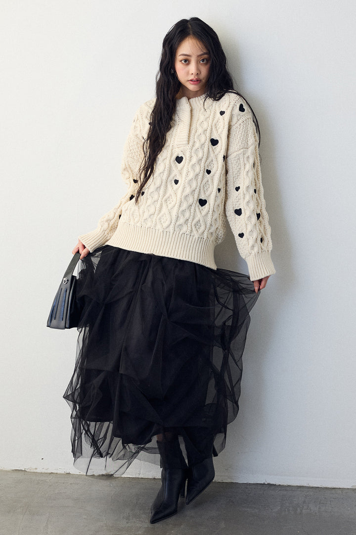 [予約/SET]ハート刺繍ケーブルデザインニット+マルチパターンタックチュールスカート(2set)