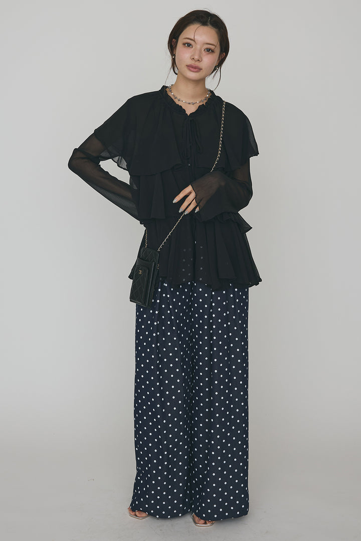 [予約/SET]エアリーシフォンティアードブラウス+ハイウエストドットデニムパンツ(2set)