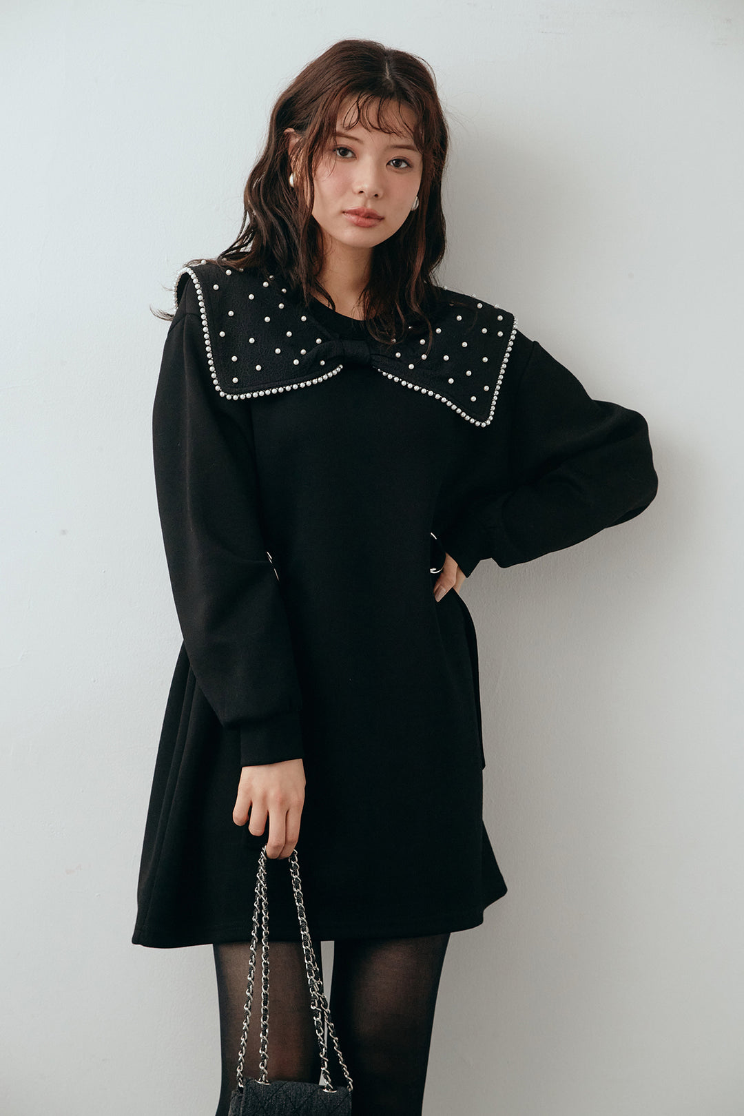 [予約]リボンパールモチーフウエストベルトミニワンピ