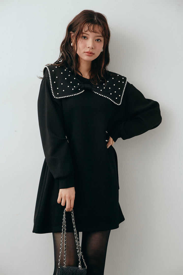 [予約]リボンパールモチーフウエストベルトミニワンピ